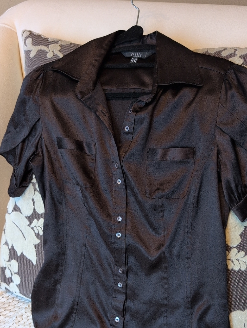 Dark Brown Satin Button-Up Blouse - Elegant Women's Top